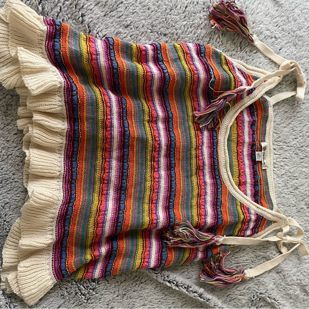 Colorful Striped Knit Top with Tassels